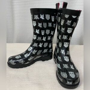 Capelli New York youth Mid-Calf Rubber Rain Boots Black Owl Pattern size 5